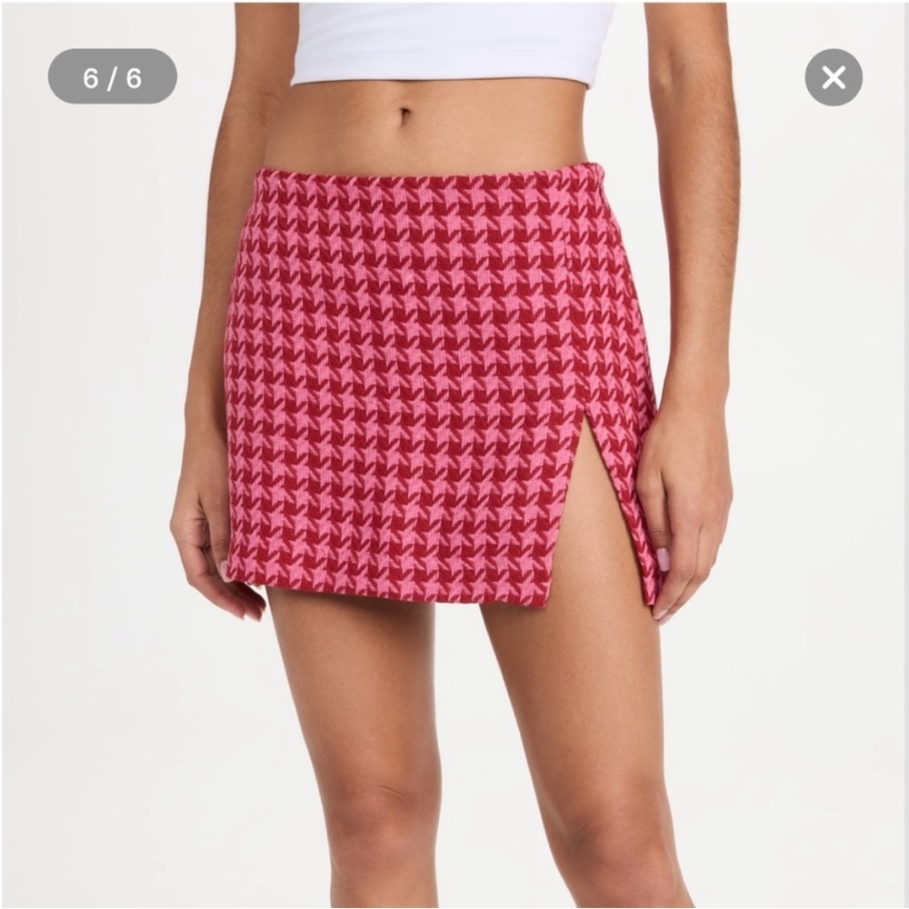 Afrm Melody Herringbone Mini Skirt Red and Pink Side Slit Sz Small